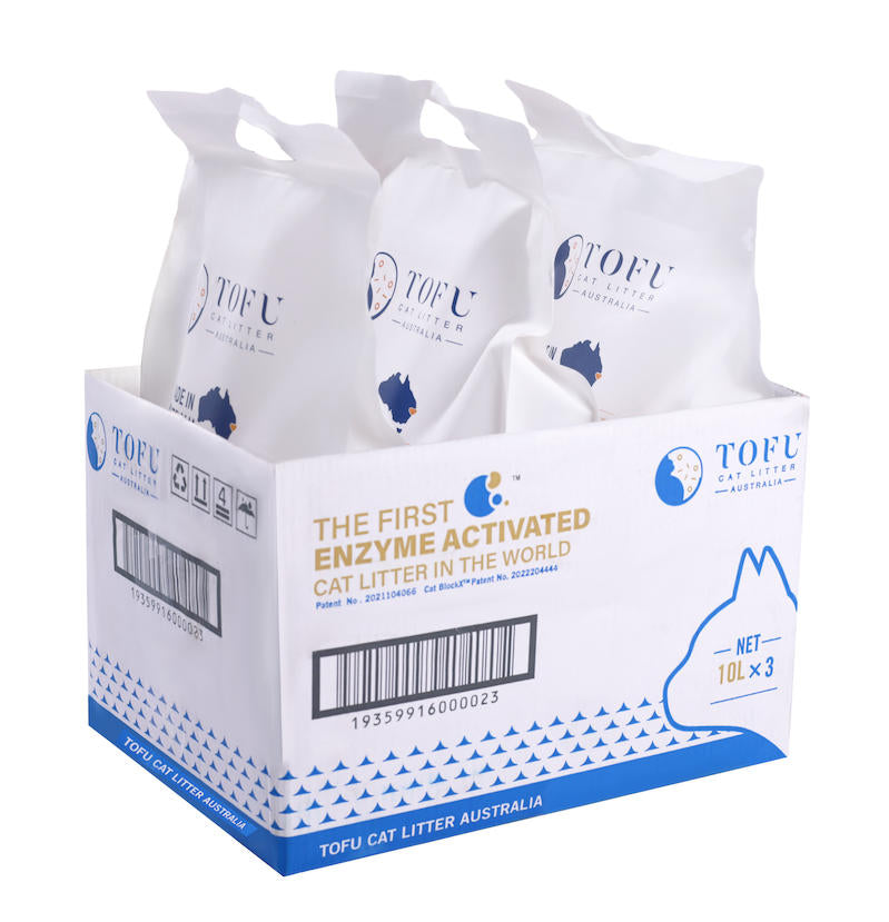 Box of Tofu cat litter with multiple bags on a white background