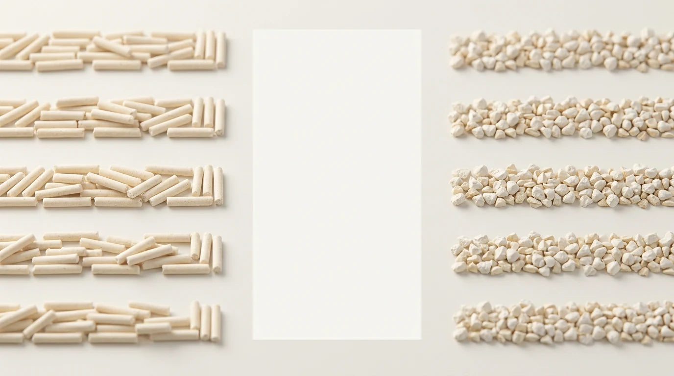 Tofu rods and smaller millet fragments in a mixed litter texture
