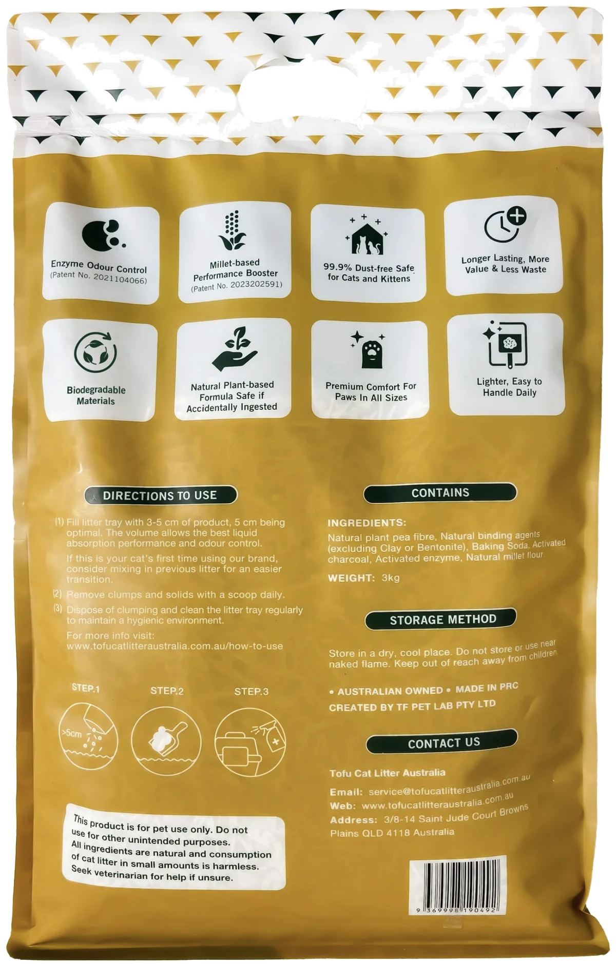 Back of the Tofu Cat Litter Australia Plus pack